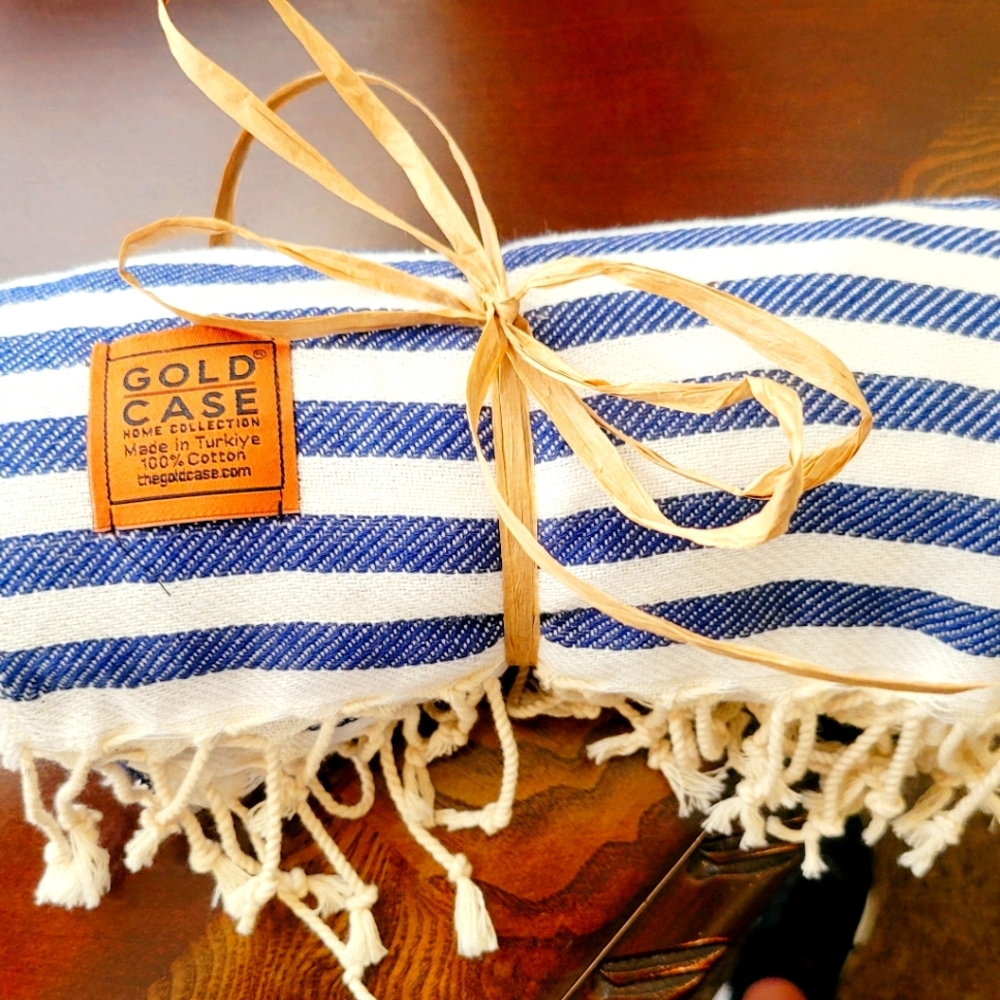 Gold Case Blue and White Striped Turkish Quick Dry and Sand Free Towel